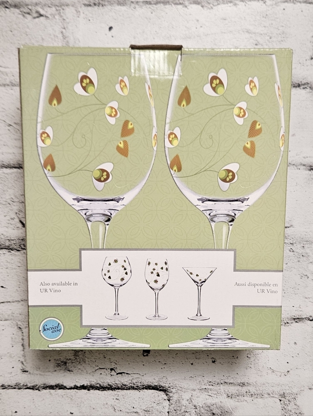 Set of 2 Floral Wine Glasses Green Stemware Social Ave NIB